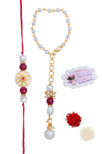 Handmade kundan white stone rakhi for brother,combo pearl collection couple pair rakhi set