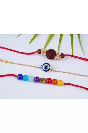 3 fashion 7 chakra, evil eye & rudraksha rakhi for rakshabandhan festival brother rakhi handcrafted