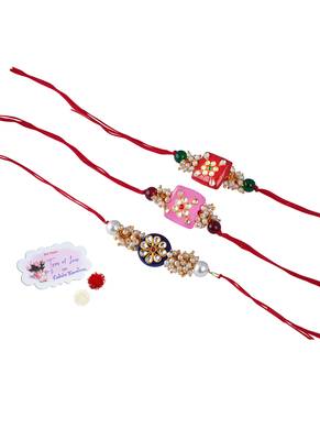 3 colorful design kundan stone rakhi for bhaiya ,bhai rakhi set with roli chawal for raksha bandhan 1