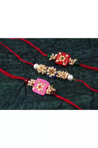 3 colorful design kundan stone rakhi for bhaiya ,bhai rakhi set with roli chawal for raksha bandhan