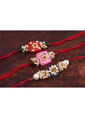 3 colorful design kundan stone rakhi for bhaiya ,bhai rakhi set with roli chawal for raksha bandhan 3