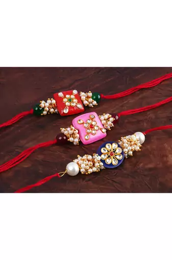 3 colorful design kundan stone rakhi for bhaiya ,bhai rakhi set with roli chawal for raksha bandhan
