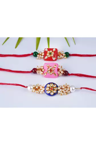 3 colorful design kundan stone rakhi for bhaiya ,bhai rakhi set with roli chawal for raksha bandhan