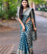 Teal Colour Faux Banarasi Silk Jacquard Saree With Brocket Blouse Piece