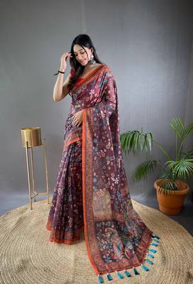 Wine Cotton Blend  Designer Zari Weaving Rich Pallu Saree With Blouse 1
