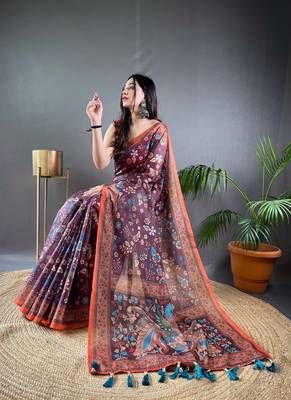 Wine Cotton Blend  Designer Zari Weaving Rich Pallu Saree With Blouse 2