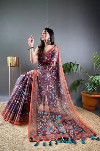 Wine Cotton Blend  Designer Zari Weaving Rich Pallu Saree With Blouse