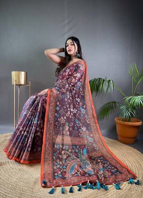 Wine Cotton Blend  Designer Zari Weaving Rich Pallu Saree With Blouse 3
