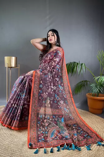 Wine Cotton Blend  Designer Zari Weaving Rich Pallu Saree With Blouse