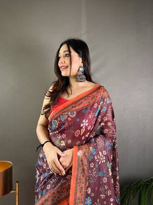 Wine Cotton Blend  Designer Zari Weaving Rich Pallu Saree With Blouse 5
