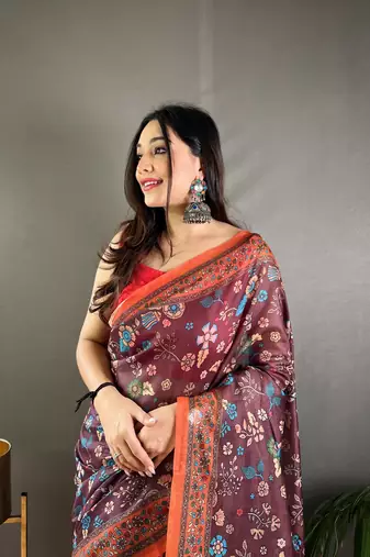 Wine Cotton Blend  Designer Zari Weaving Rich Pallu Saree With Blouse