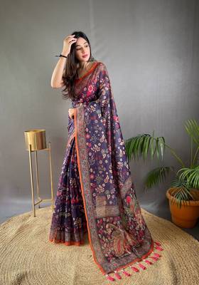 Purple Cotton Blend & Designer Zari Weaving Rich Pallu Saree With Blouse 1