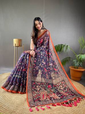 Purple Cotton Blend & Designer Zari Weaving Rich Pallu Saree With Blouse 2