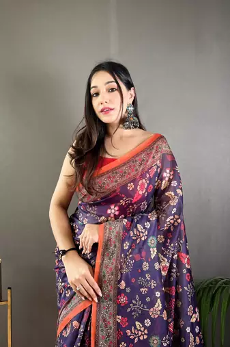 Purple Cotton Blend & Designer Zari Weaving Rich Pallu Saree With Blouse