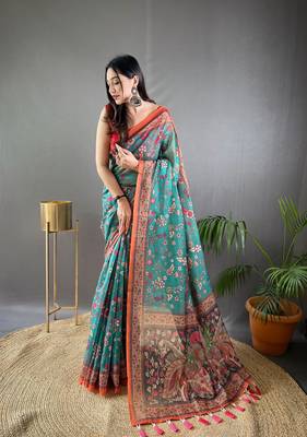 Teal Cotton Blend & Designer Zari Weaving Rich Pallu Saree With Blouse 1