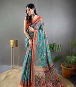Teal Cotton Blend & Designer Zari Weaving Rich Pallu Saree With Blouse