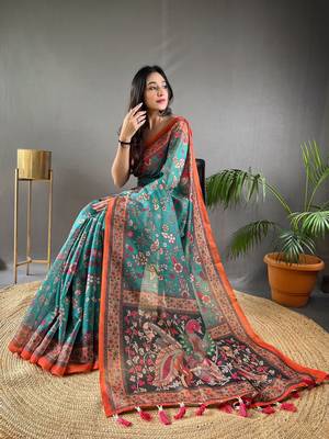 Teal Cotton Blend & Designer Zari Weaving Rich Pallu Saree With Blouse 2
