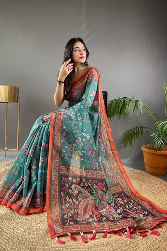 Teal Cotton Blend & Designer Zari Weaving Rich Pallu Saree With Blouse
