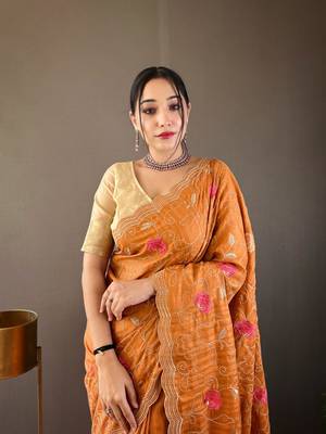 Orange Leelavanti tussar silk bland embroidary work saree with Blouse 2