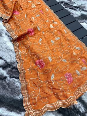 Orange Leelavanti tussar silk bland embroidary work saree with Blouse 5