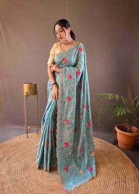 Sky Leelavanti tussar silk bland embroidary work saree with Blouse 1