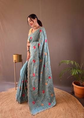 Sky Leelavanti tussar silk bland embroidary work saree with Blouse 2