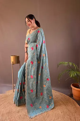 Sky Leelavanti tussar silk bland embroidary work saree with Blouse