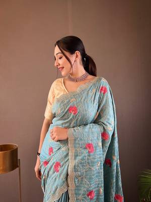 Sky Leelavanti tussar silk bland embroidary work saree with Blouse 3