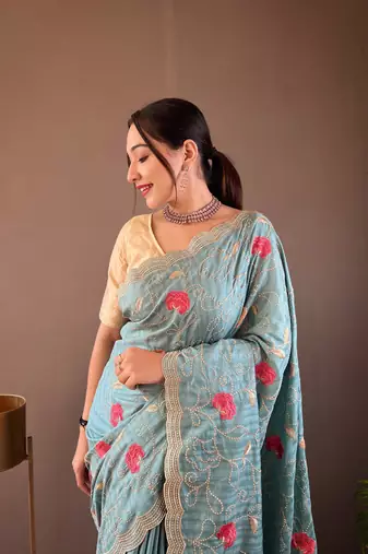 Sky Leelavanti tussar silk bland embroidary work saree with Blouse