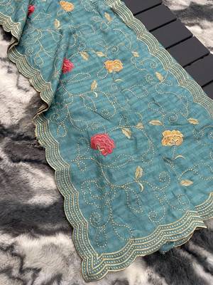Sky Leelavanti tussar silk bland embroidary work saree with Blouse 5