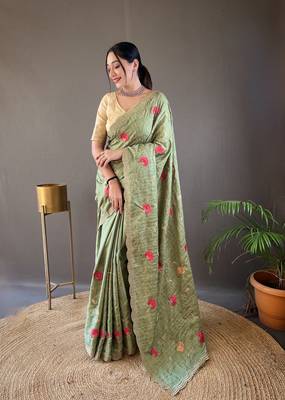 Green Leelavanti tussar silk bland embroidary work saree with Blouse 1