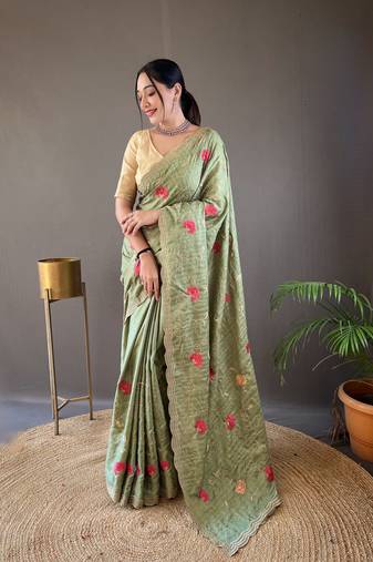 Green Leelavanti tussar silk bland embroidary work saree with Blouse