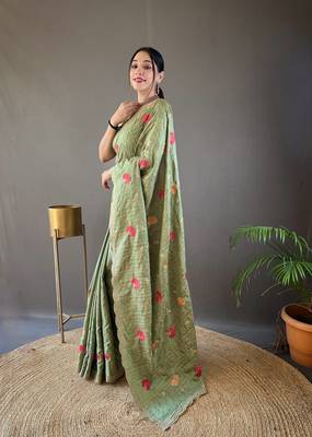 Green Leelavanti tussar silk bland embroidary work saree with Blouse 2