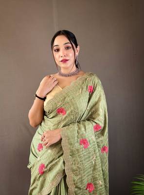 Green Leelavanti tussar silk bland embroidary work saree with Blouse 3
