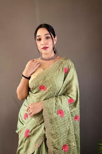 Green Leelavanti tussar silk bland embroidary work saree with Blouse
