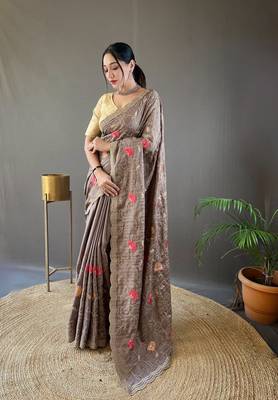 Brown Leelavanti tussar silk bland embroidary work saree with Blouse 1