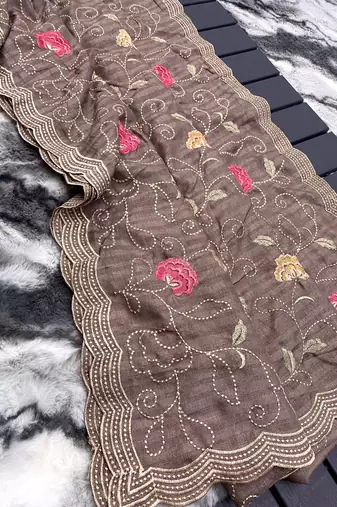 Brown Leelavanti tussar silk bland embroidary work saree with Blouse