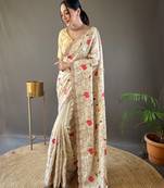 Cream Leelavanti tussar silk bland embroidary work saree with Blouse