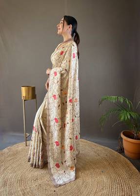 Cream Leelavanti tussar silk bland embroidary work saree with Blouse 2