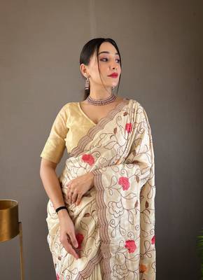 Cream Leelavanti tussar silk bland embroidary work saree with Blouse 3