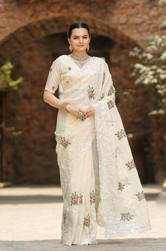 Cream Beautiful all over work with Floral Butti and embroidory saree With Blouse 