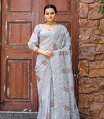 Grey Chiffone Silk Lower Embroidary all over saree with Blouse