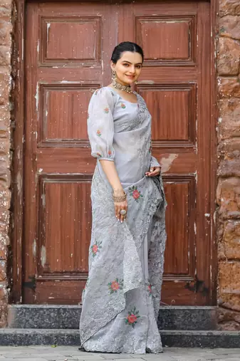 Grey Chiffone Silk Lower Embroidary all over saree with Blouse