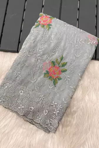 Grey Chiffone Silk Lower Embroidary all over saree with Blouse
