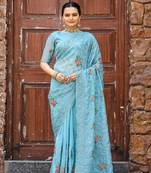 Sky Blue Beautiful all over work with Ethnic Motif Butti and embroidory saree With Blouse 