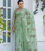 Pista Beautiful all over work with Floral Butti and embroidory saree With Blouse 