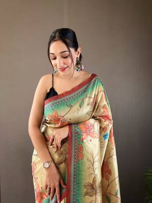 Women Marron Kalamkari  Silk Saree With Printed  Work Rich Pallu Saree With Blouse For Women 3