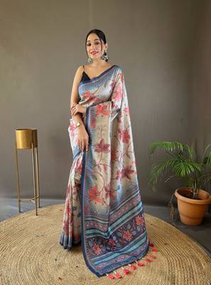 Women Navy Blue Kalamkari  Silk Saree With Printed  Work Rich Pallu Saree With Blouse For Women 1
