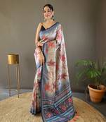Women Navy Blue Kalamkari  Silk Saree With Printed  Work Rich Pallu Saree With Blouse For Women