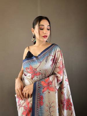 Women Navy Blue Kalamkari  Silk Saree With Printed  Work Rich Pallu Saree With Blouse For Women 2